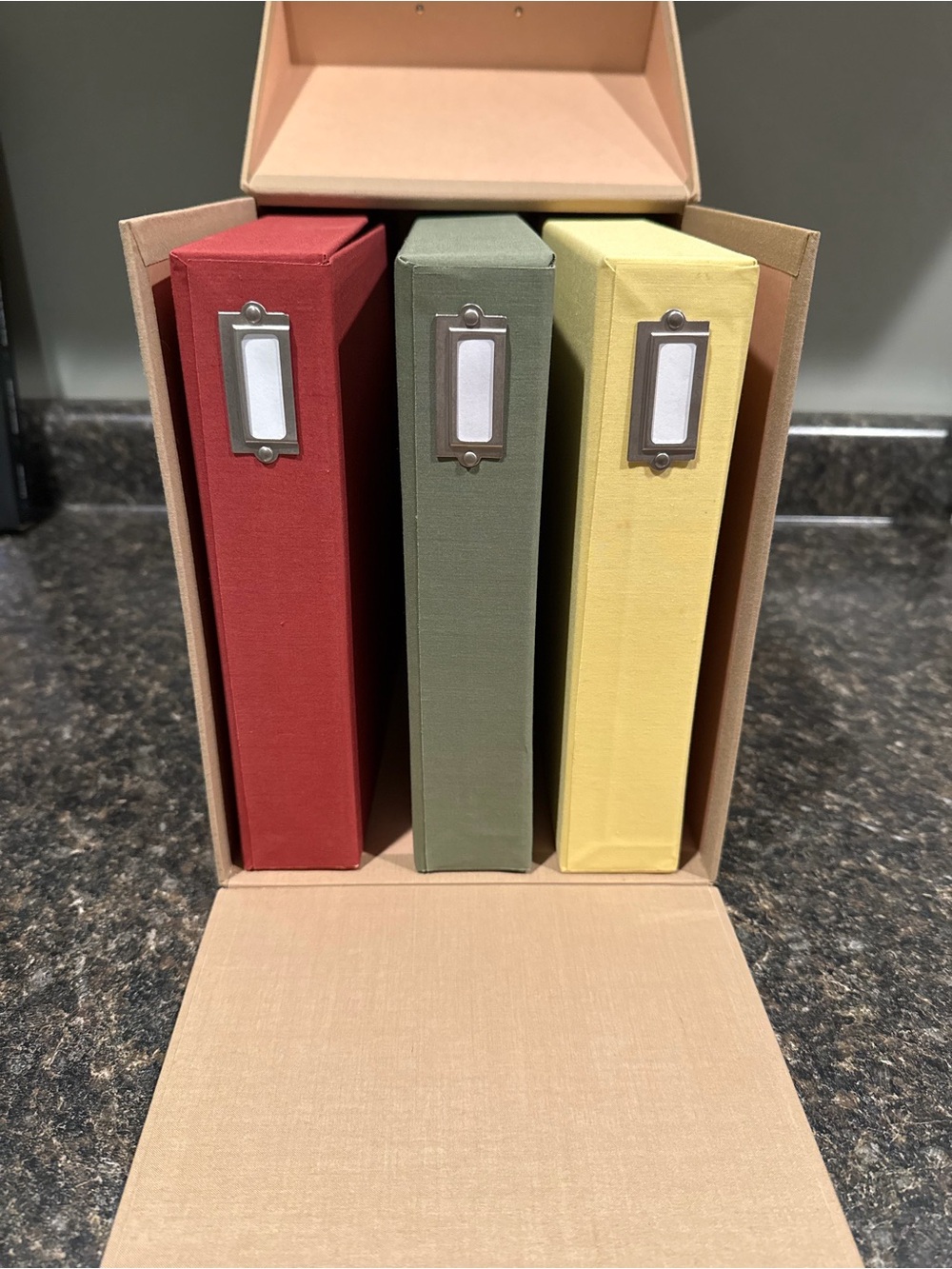 Set of Three Fabric pre made scrapbook photo albums in Red, Green, and Yellow